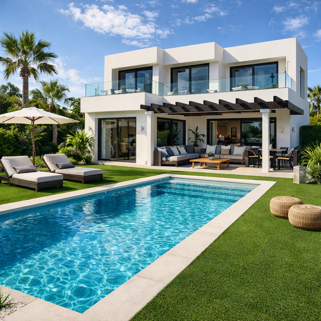 Modern two-story villa with swimming pool, lounge furniture, and patio umbrella